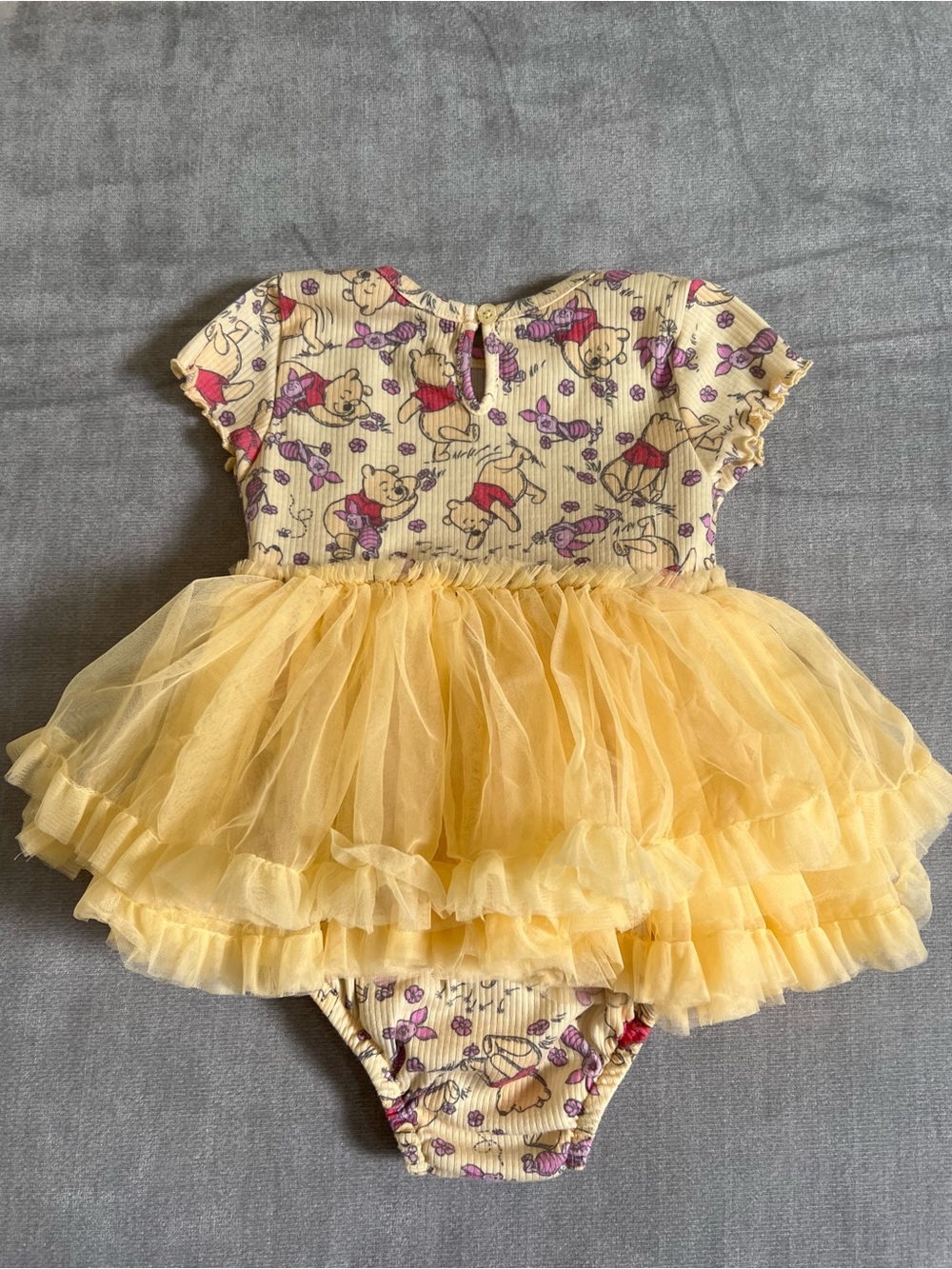 Disney Baby Girl’s White and Pink Pooh Bear Printed Ribbed Tulle Tutu Bodysuit - Picture 2 of 6